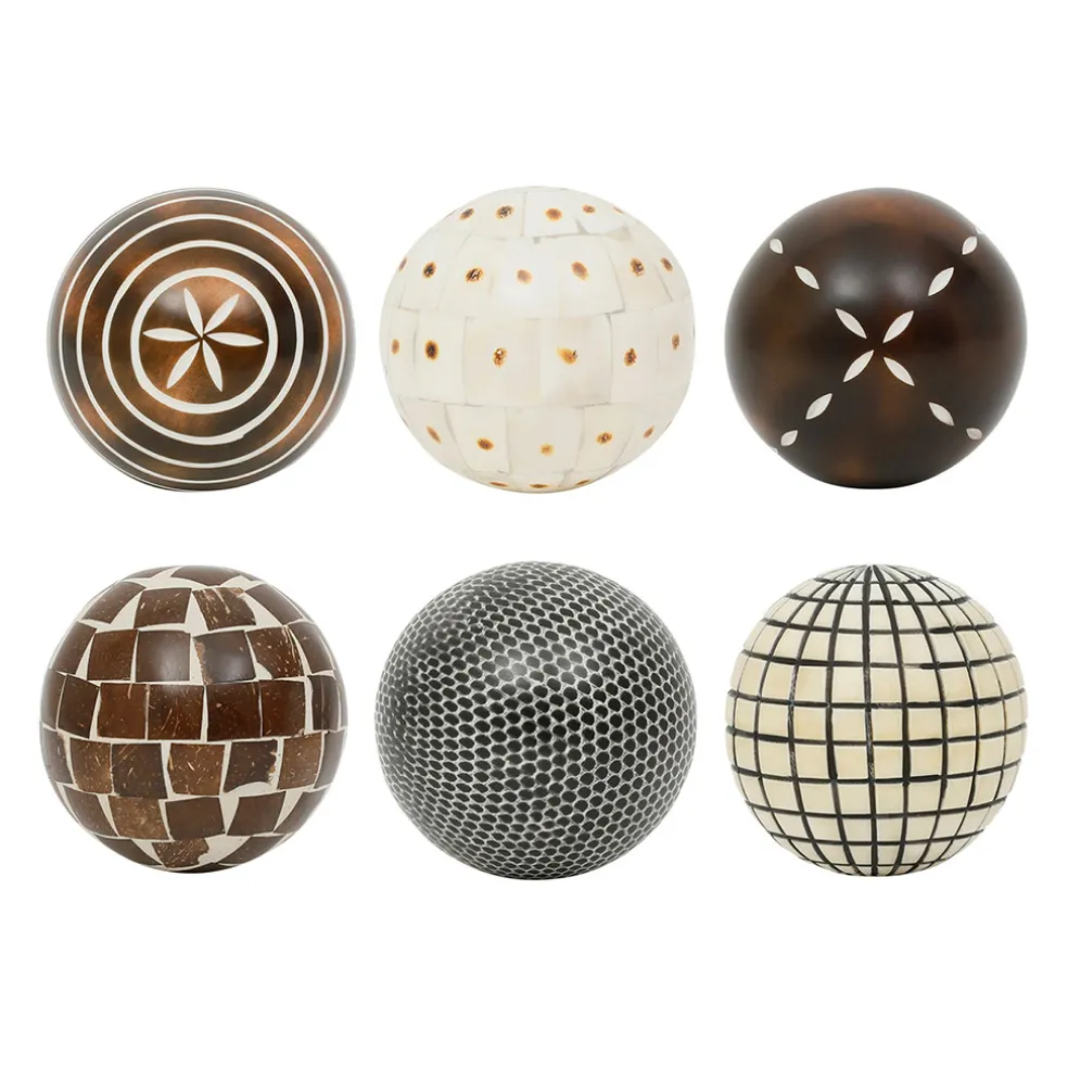 Lot de 6 boules décoratives en résine brun et blanc d10cm - Komati