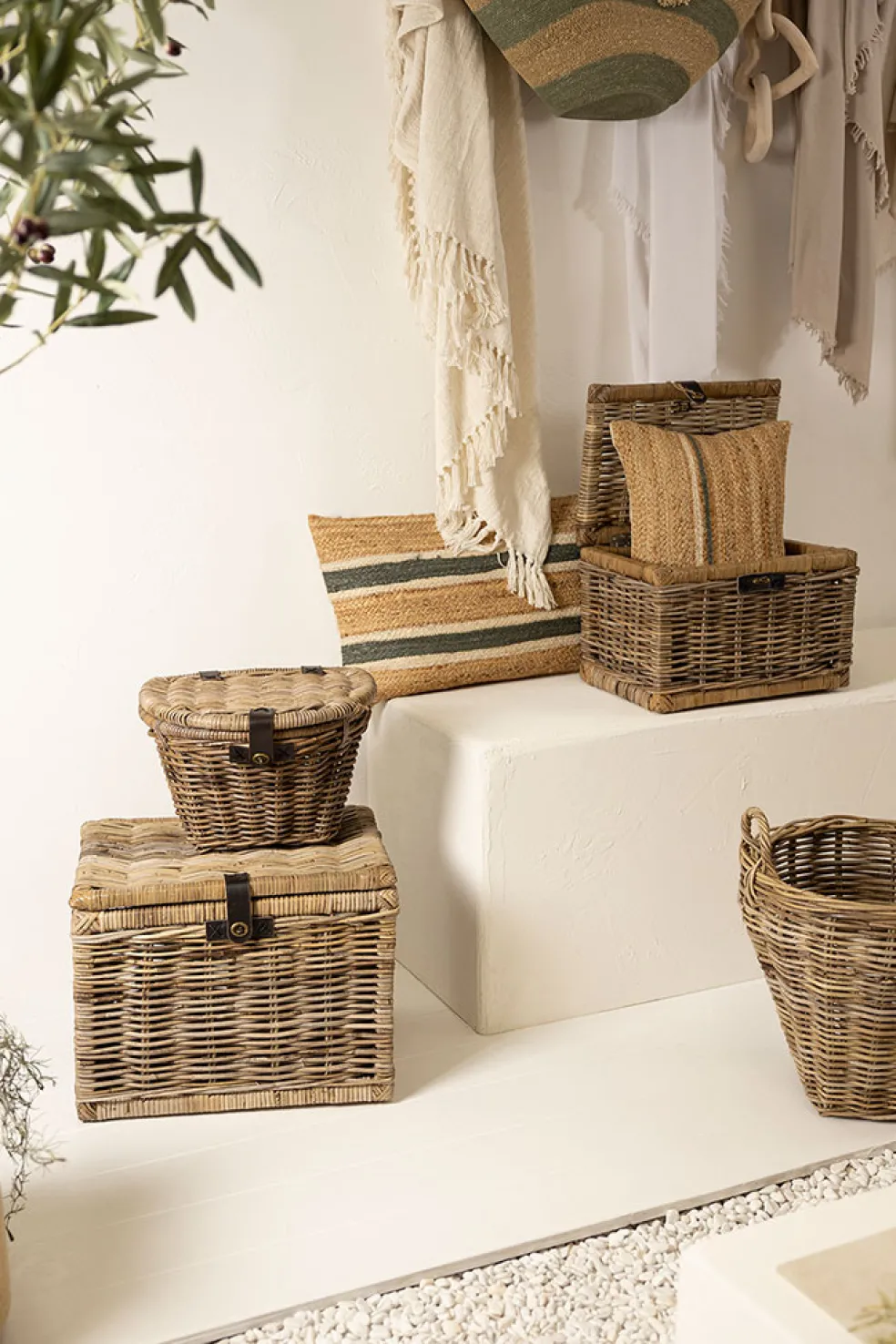 Lot de 2 coffres gigognes en rotin grisé - Java