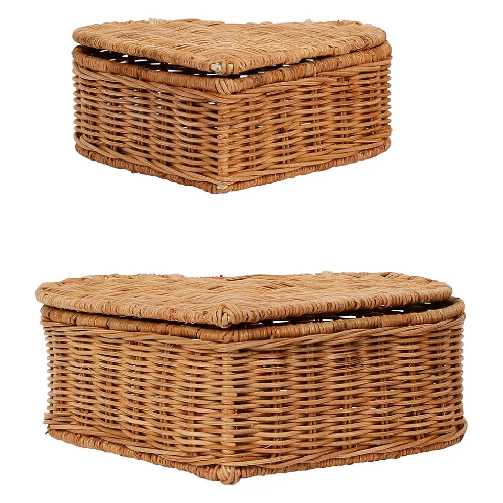 Lot de 2 corbeilles coeur avec couvercle en rotin naturel - Fantine