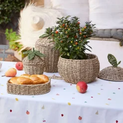 Lot de 2 corbeilles fraise en jonc de mer naturel et vert - Les Fruits