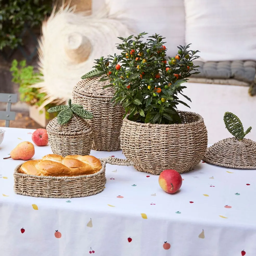 Lot de 2 corbeilles fraise en jonc de mer naturel et vert - Les Fruits