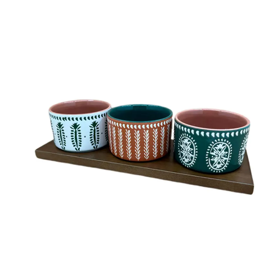 Lot de 3 coupelles en grès et plateau terracotta, vert et blanc - romance vegetal
