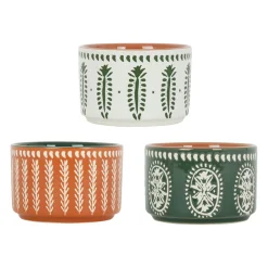 Lot de 3 coupelles en grès et plateau terracotta, vert et blanc - romance vegetal