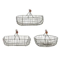 Lot de 3 paniers en fer avec anse en bois naturel