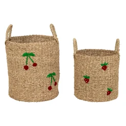 Lot de 2 paniers en jonc de mer naturel et cerise rouge - Les Fruits