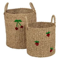 Lot de 2 paniers en jonc de mer naturel et cerise rouge - Les Fruits