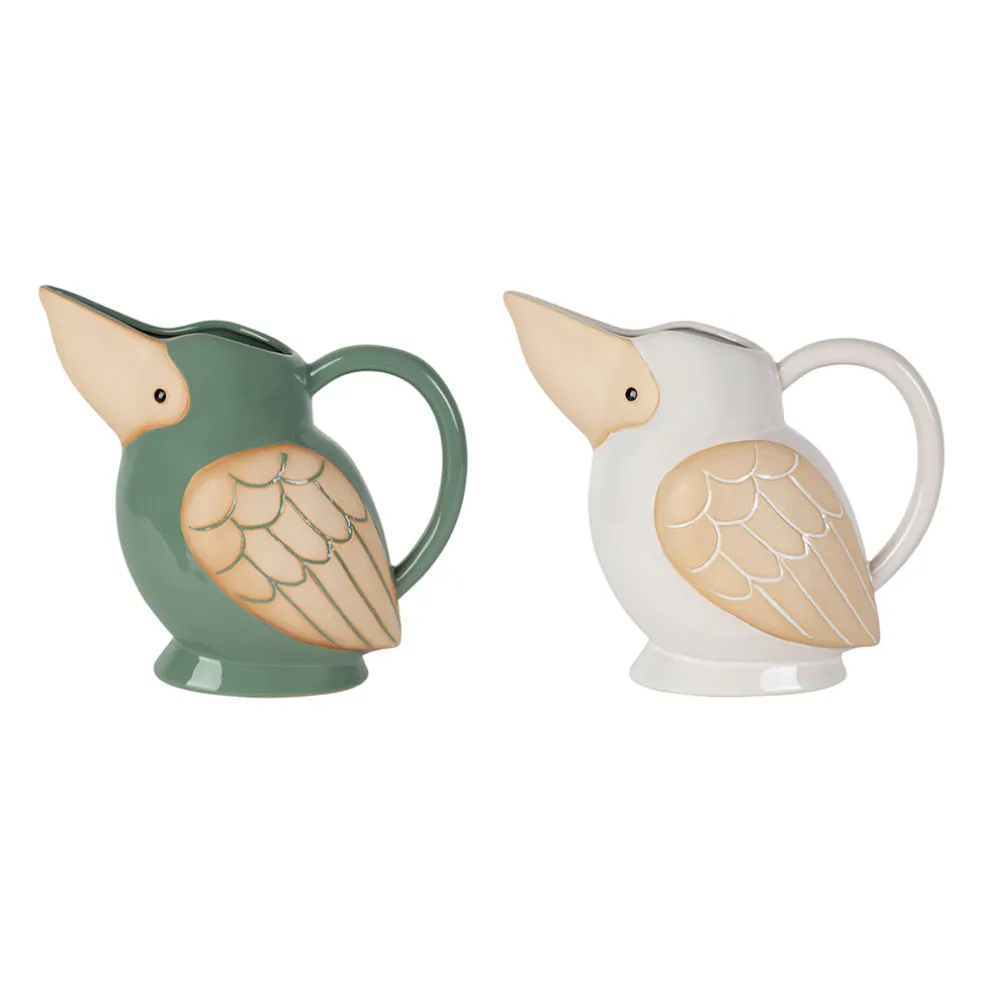 Lot de 2 pichets oiseau en grès blanc et sauge 1L - Calao