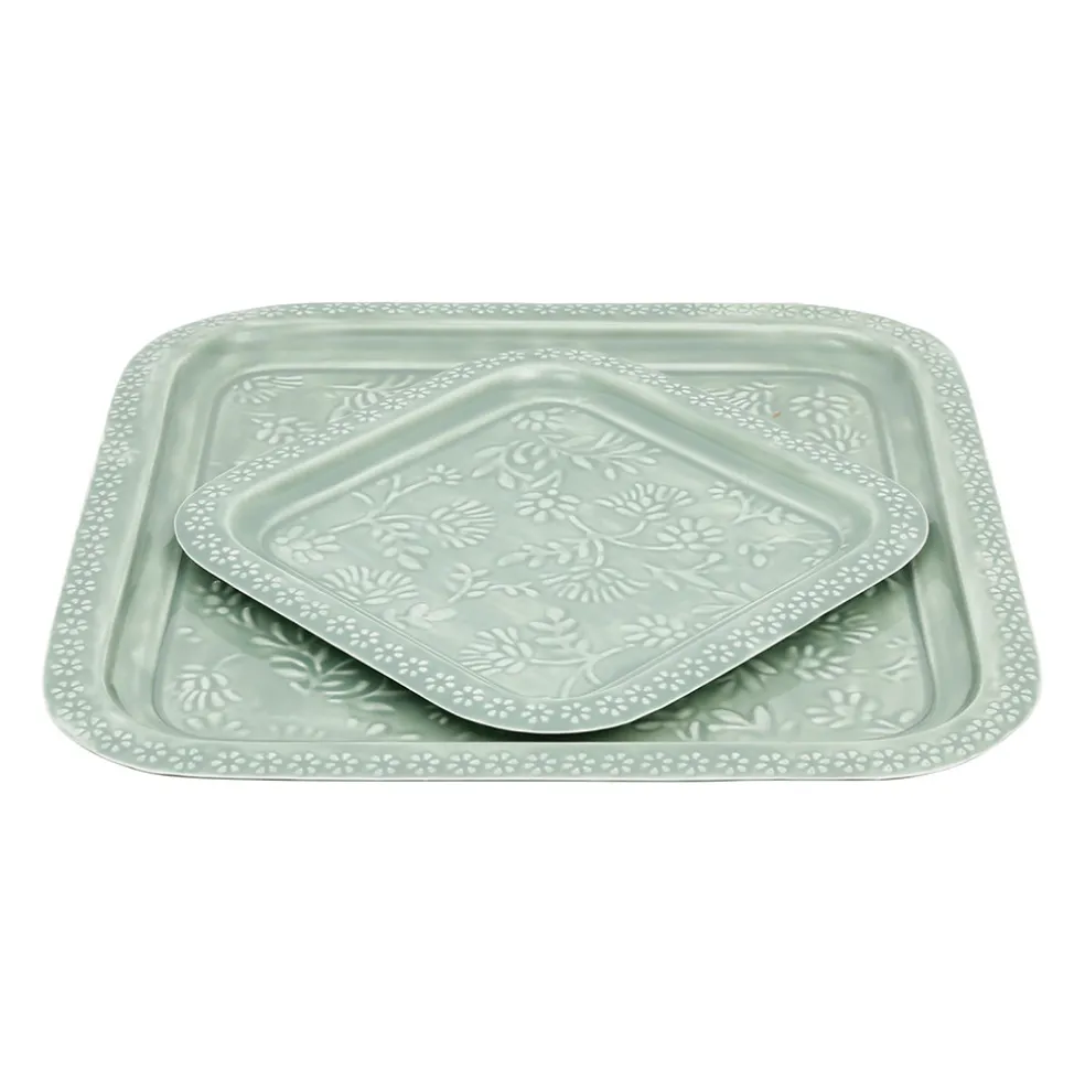 Lot de 2 plateaux carré en fer émaillé sauge - Baroque