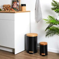 Lot de 2 poubelles à pédale en métal noir et bambou 3L et 12L