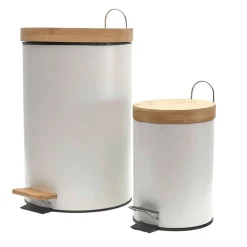 Lot de 2 poubelles à pédale en métal blanc et bambou 3L et 12L