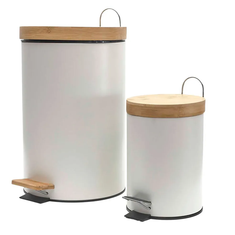 Lot de 2 poubelles à pédale en métal blanc et bambou 3L et 12L