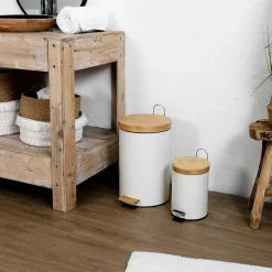 Lot de 2 poubelles à pédale en métal blanc et bambou 3L et 12L