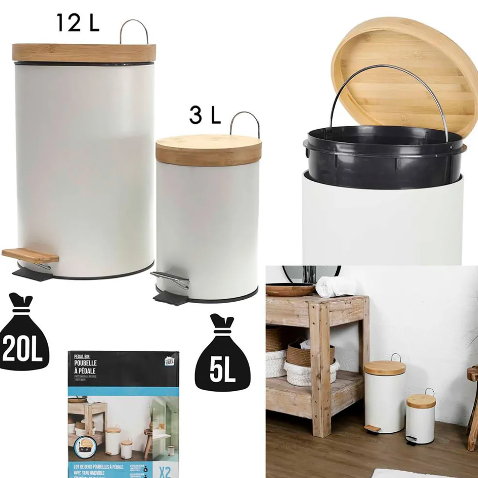Lot de 2 poubelles à pédale en métal blanc et bambou 3L et 12L