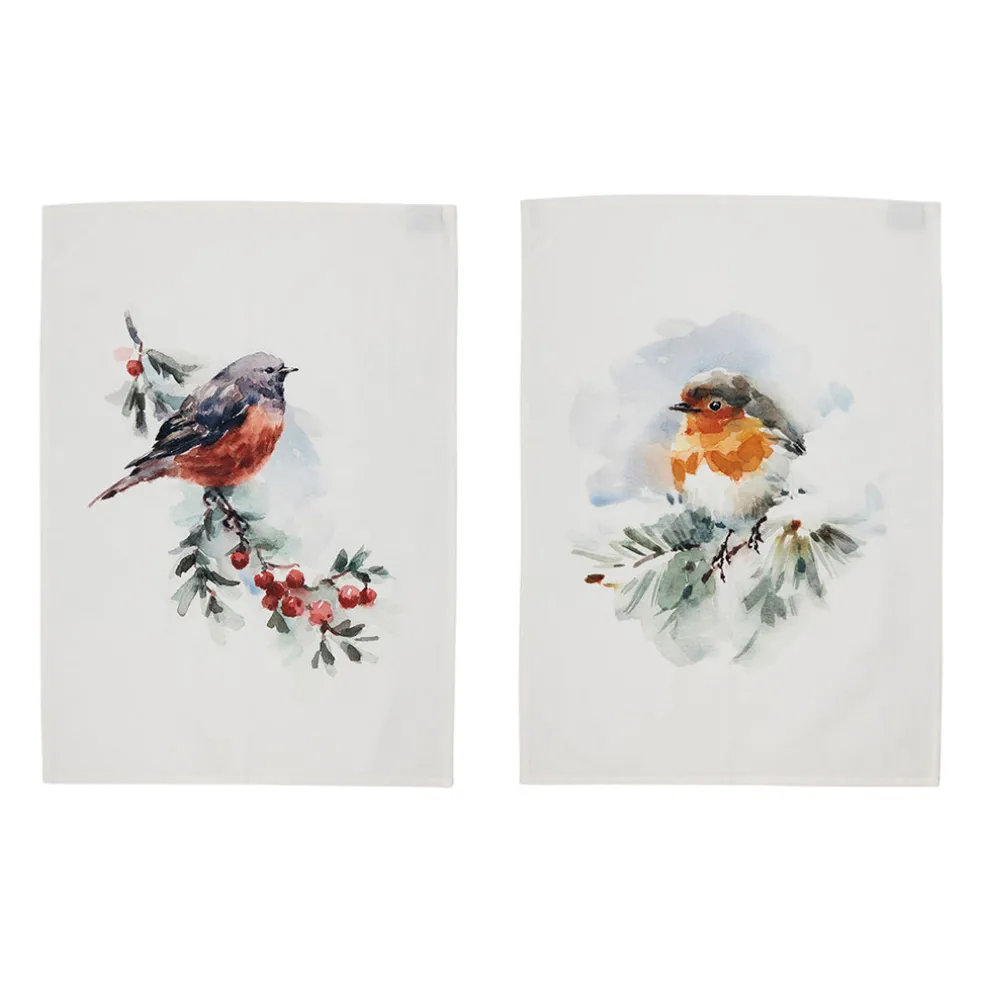 Lot de 2 torchons en coton blanc 50x70cm - Rouge-Gorge