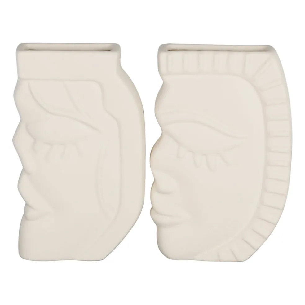 Lot de 2 vases visage en grès beige - Greeka
