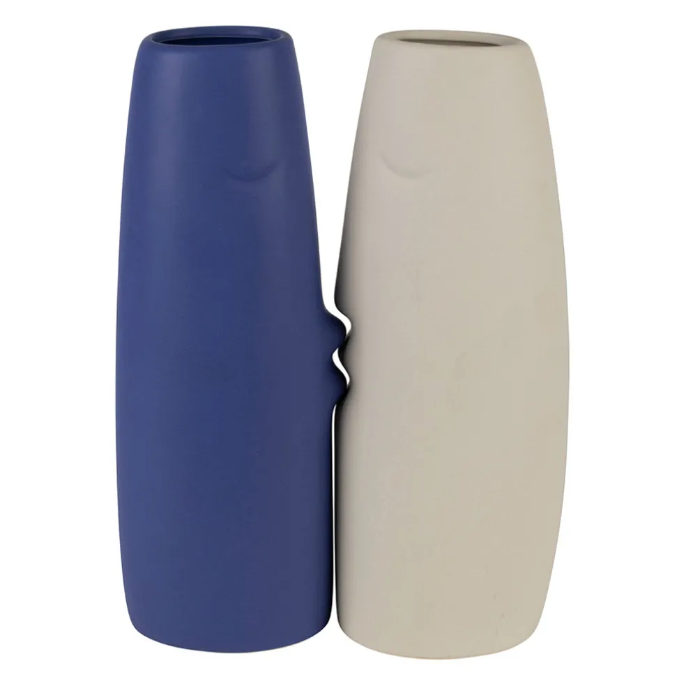 Lot de 2 vases visage en grès indigo et écru h30cm