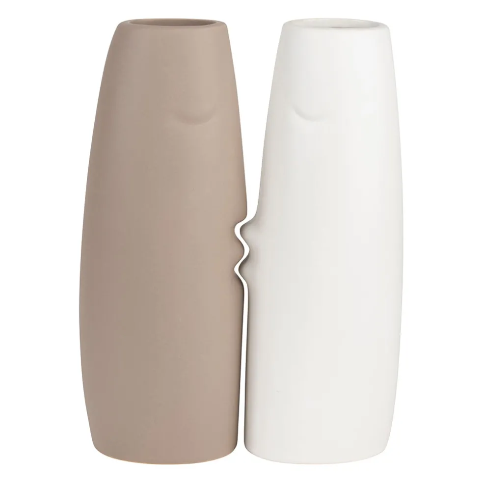 Lot de 2 Vases visage en gres, beige et blanc