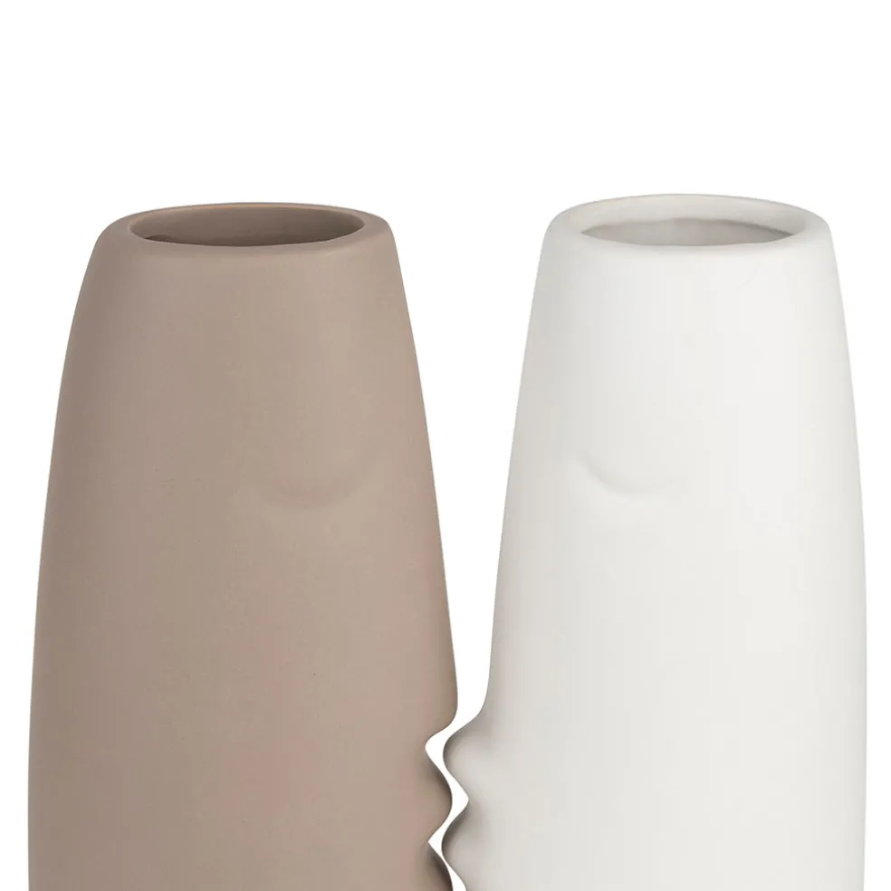 Lot de 2 Vases visage en gres, beige et blanc
