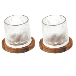 Lot de 2 verres a whisky support acacia d6xh7cm