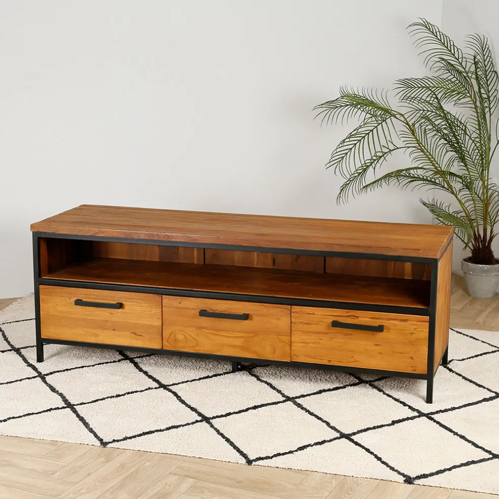 Meuble TV en teck massif 3 tiroirs L150cm - Alix
