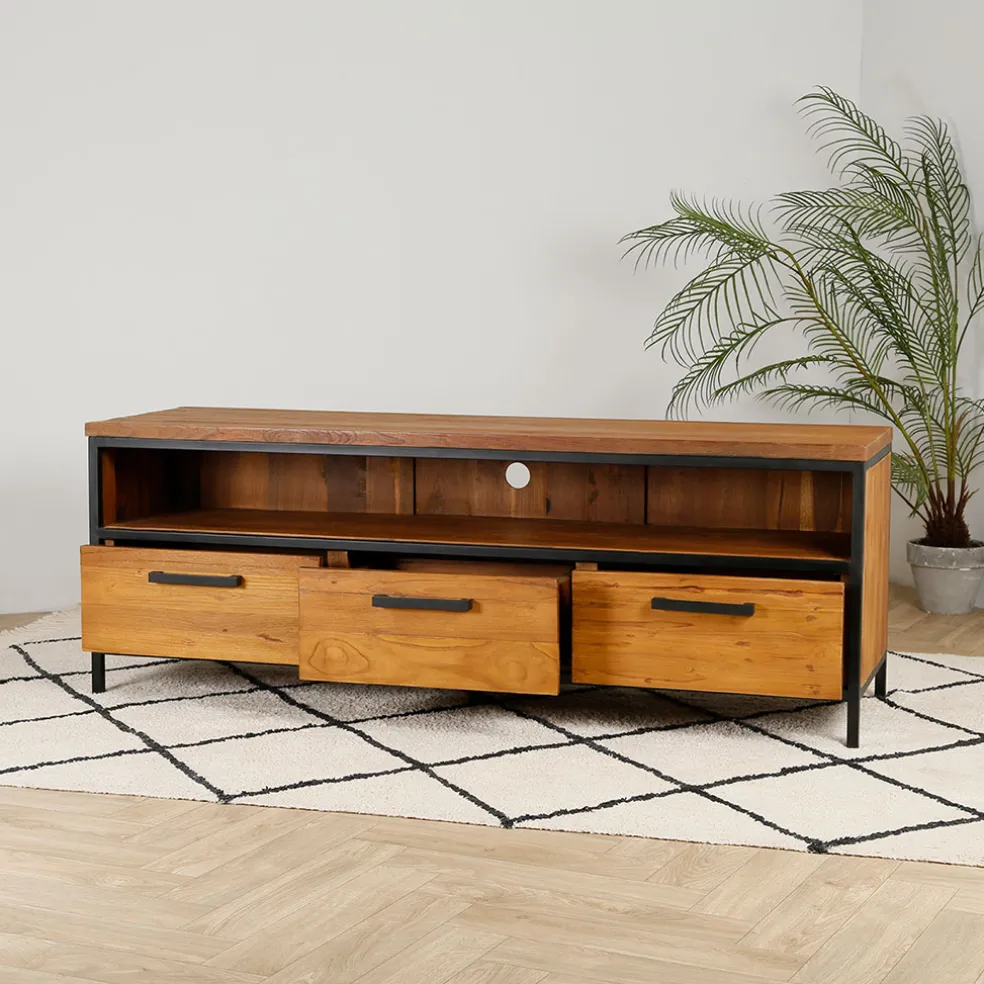 Meuble TV en teck massif 3 tiroirs L150cm - Alix