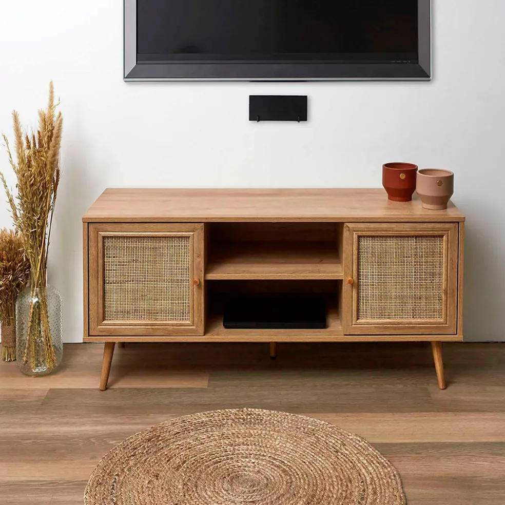 Meuble TV naturel en bois et cannage L115cm - Baia