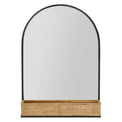 Miroir en fer noir arrondie avec étagere bambou naturel 50.5x70cm - Garden