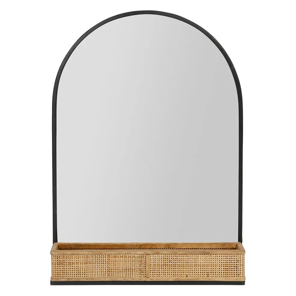 Miroir en fer noir arrondie avec étagere bambou naturel 50.5x70cm - Garden
