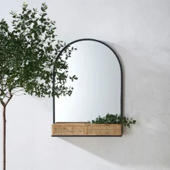 Miroir en fer noir arrondie avec étagere bambou naturel 50.5x70cm - Garden