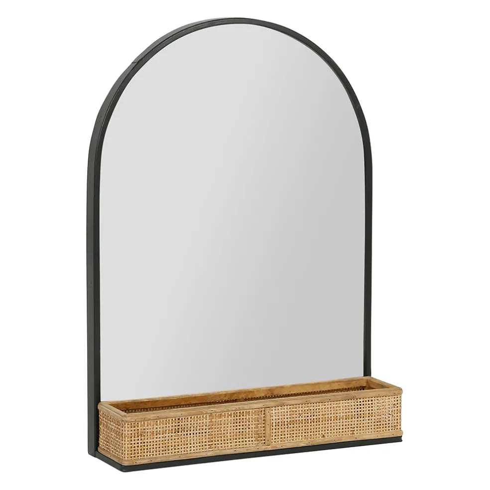 Miroir en fer noir arrondie avec étagere bambou naturel 50.5x70cm - Garden