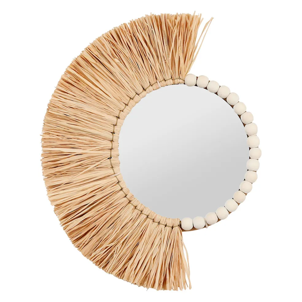 Miroir rond asymétrique en raphia - blue sand