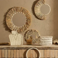 Miroir rond en raphia naturel d52cm - cauri