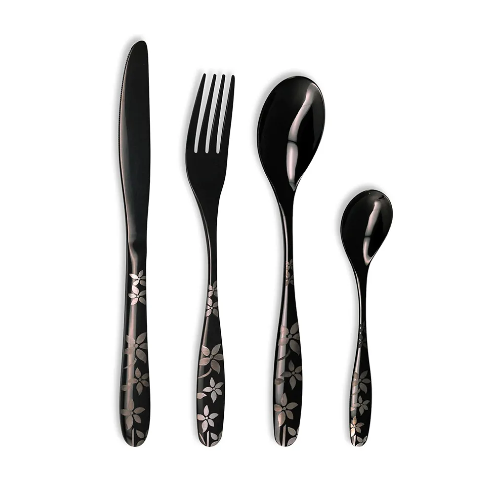 Ménagère 16 pièces en inox noir motif printemps