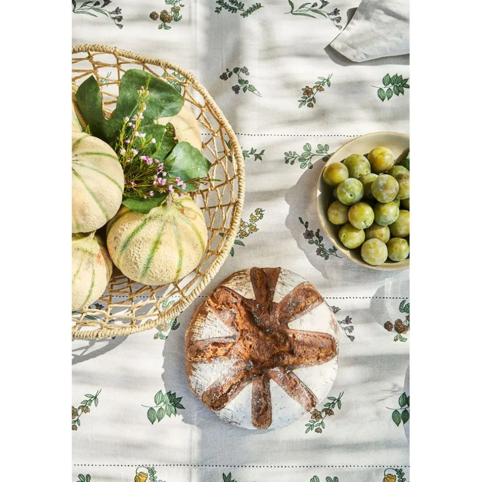 Nappe carrée en coton naturel et vert 160x160cm - Juline