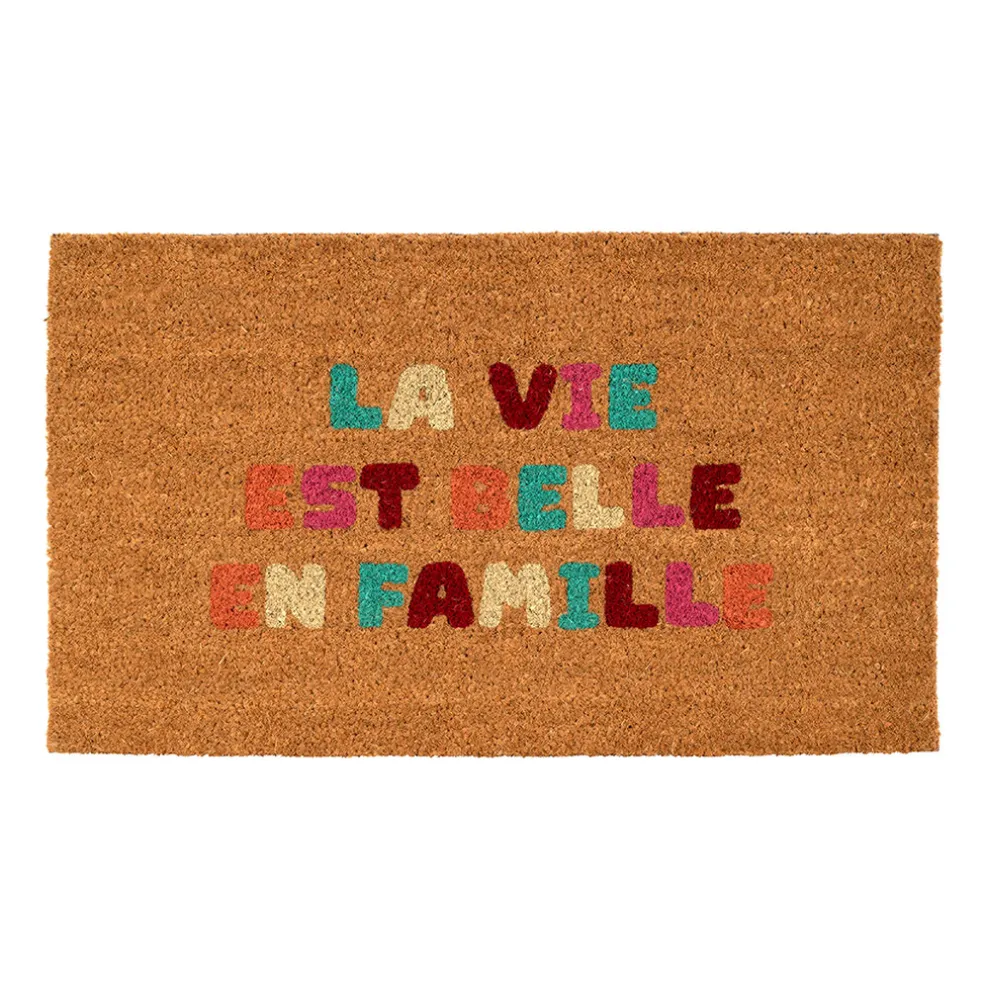Paillasson "la vie est belle" en coco multicolore 73x43cm - Famille