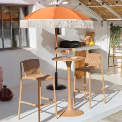 Parasol terracotta avec frange en coton beige d200xh210cm