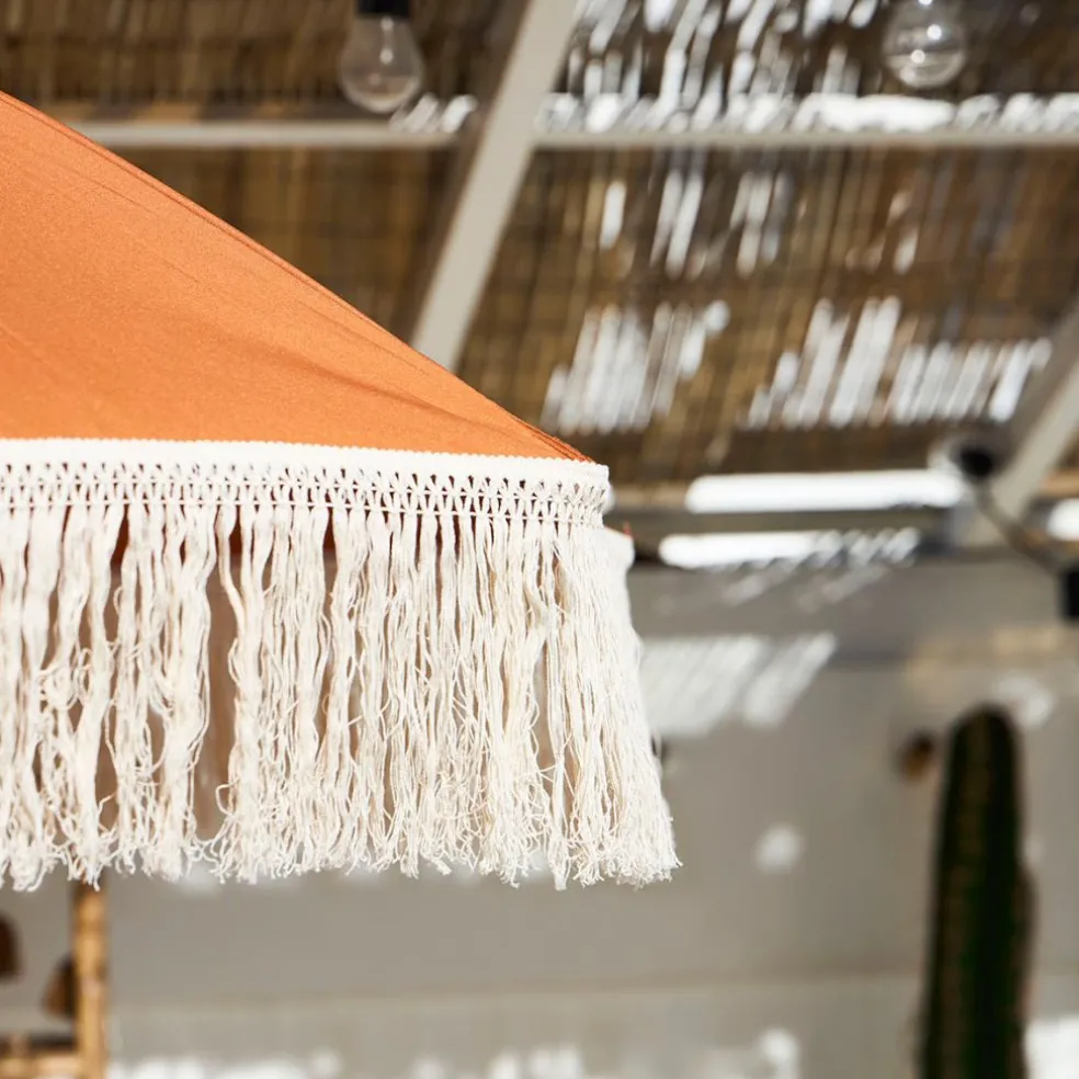 Parasol terracotta avec frange en coton beige d200xh210cm