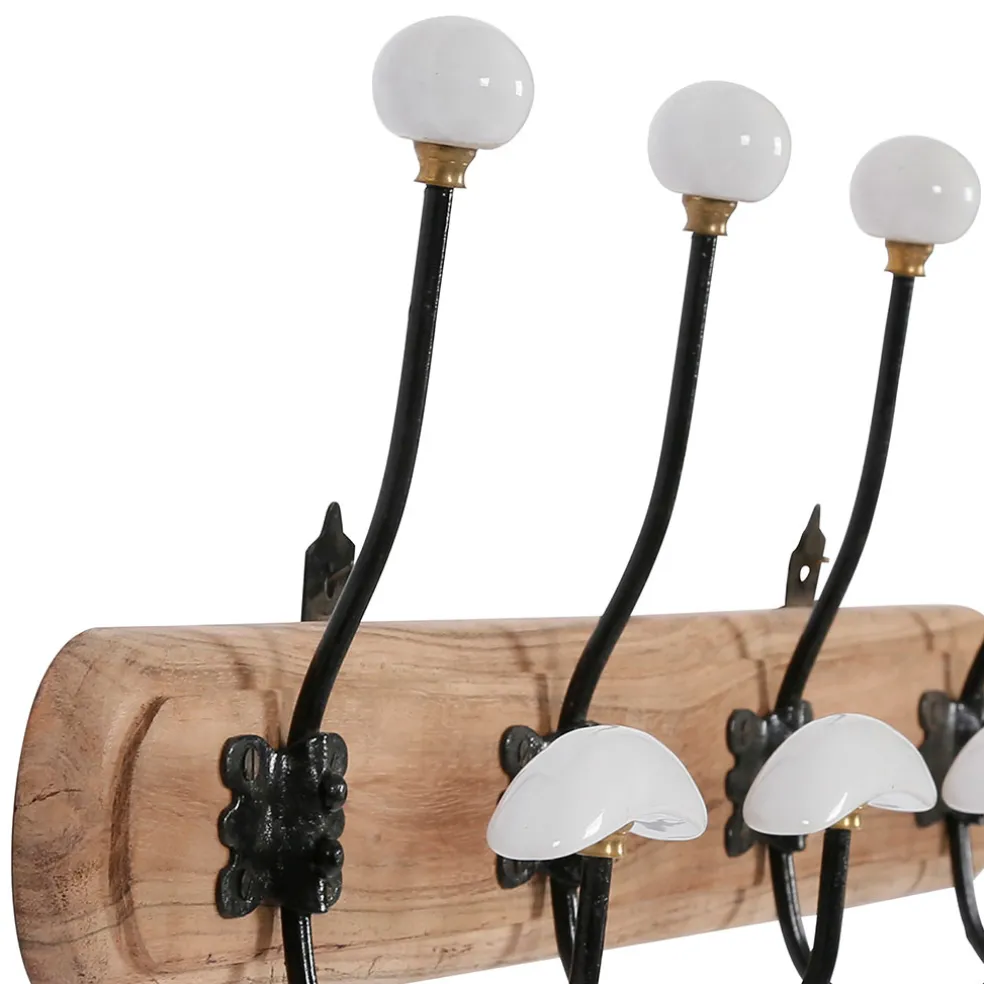 Patère 4 crochets en acacia et fer naturel et blanc - Campagne