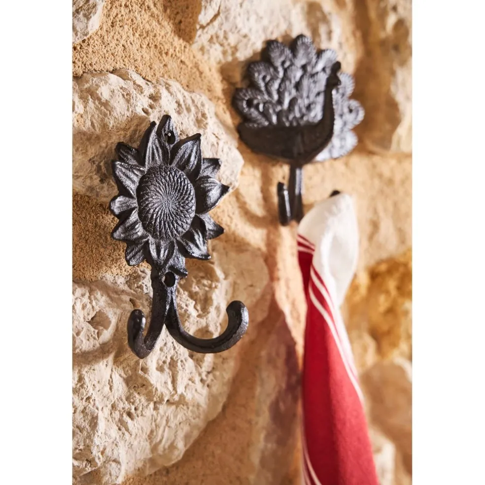 Patère double tournesol en fonte brun