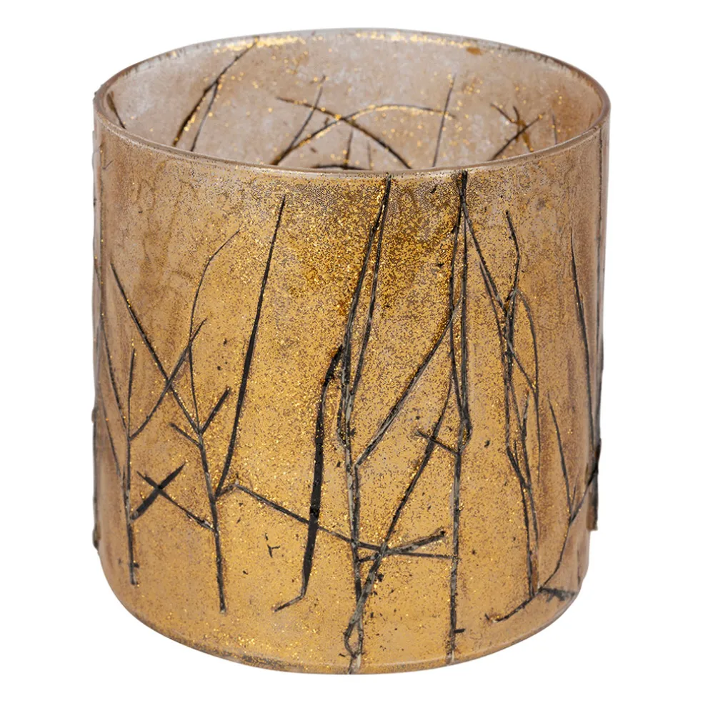 Photophore en verre et végétaux doré et noir d10cm - Brindille