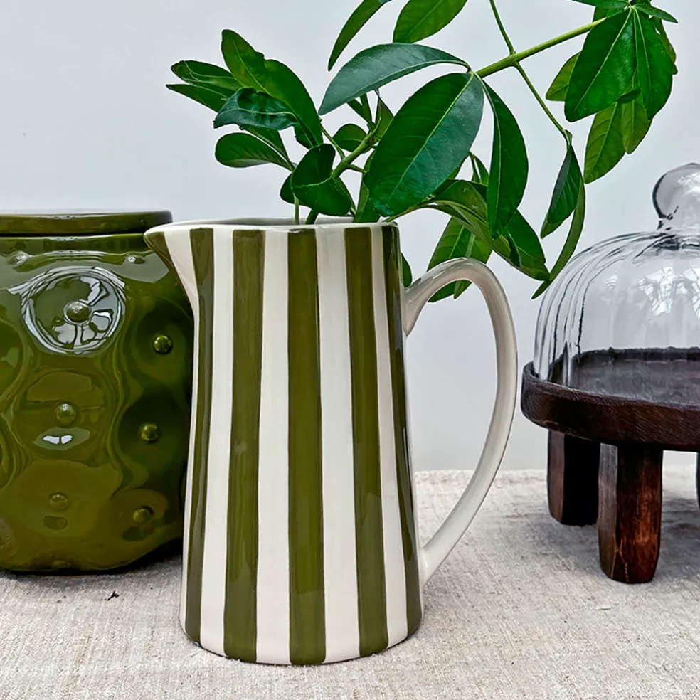 Pichet en céramique rayé blanc et kaki 1L
