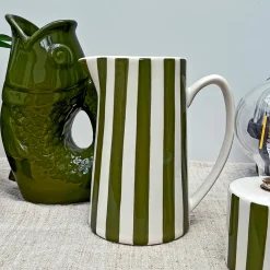 Pichet en céramique rayé blanc et kaki 1L