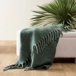 Plaid avec franges en tissu vert 170x130cm - Klosen