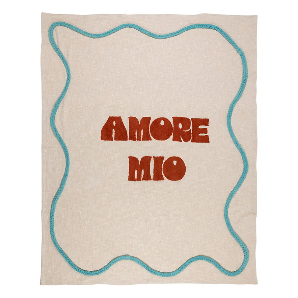 Plaid brodé "amore mio" en coton écru 170x130cm - Lumi