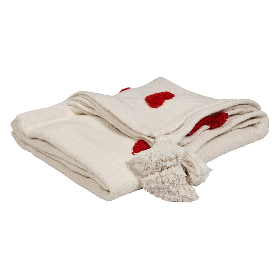 Plaid tufté en coton ecru et coeur rouge 170x130cm - Famille