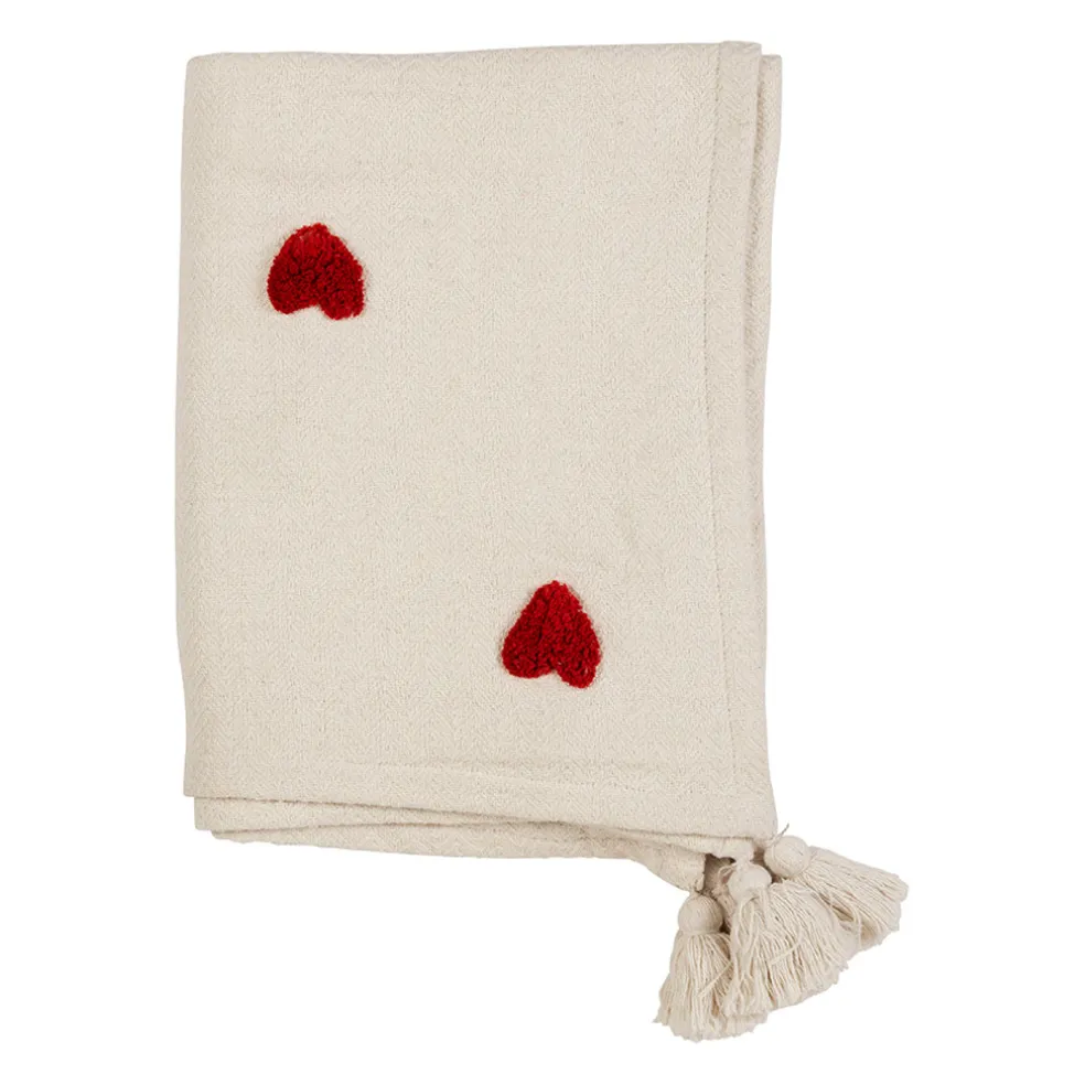 Plaid tufté en coton ecru et coeur rouge 170x130cm - Famille