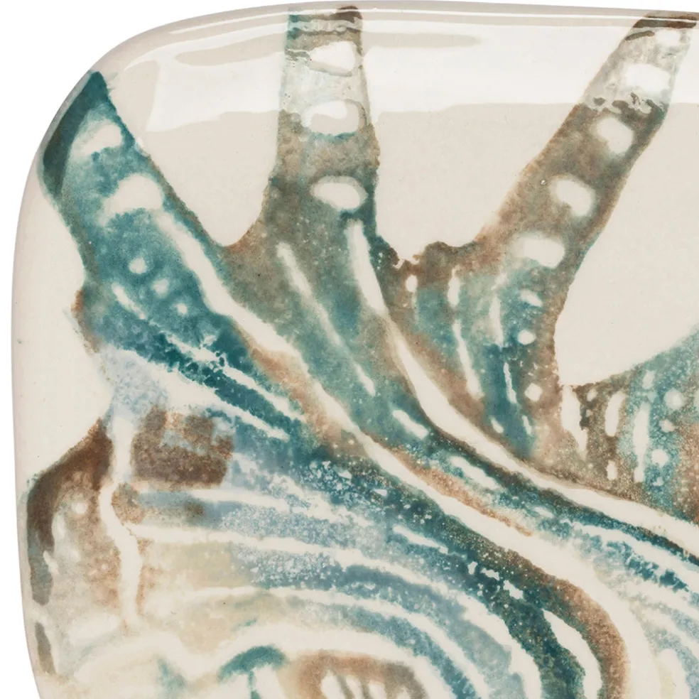 Plat à cake en faïence bleu et beige - Bord De Mer