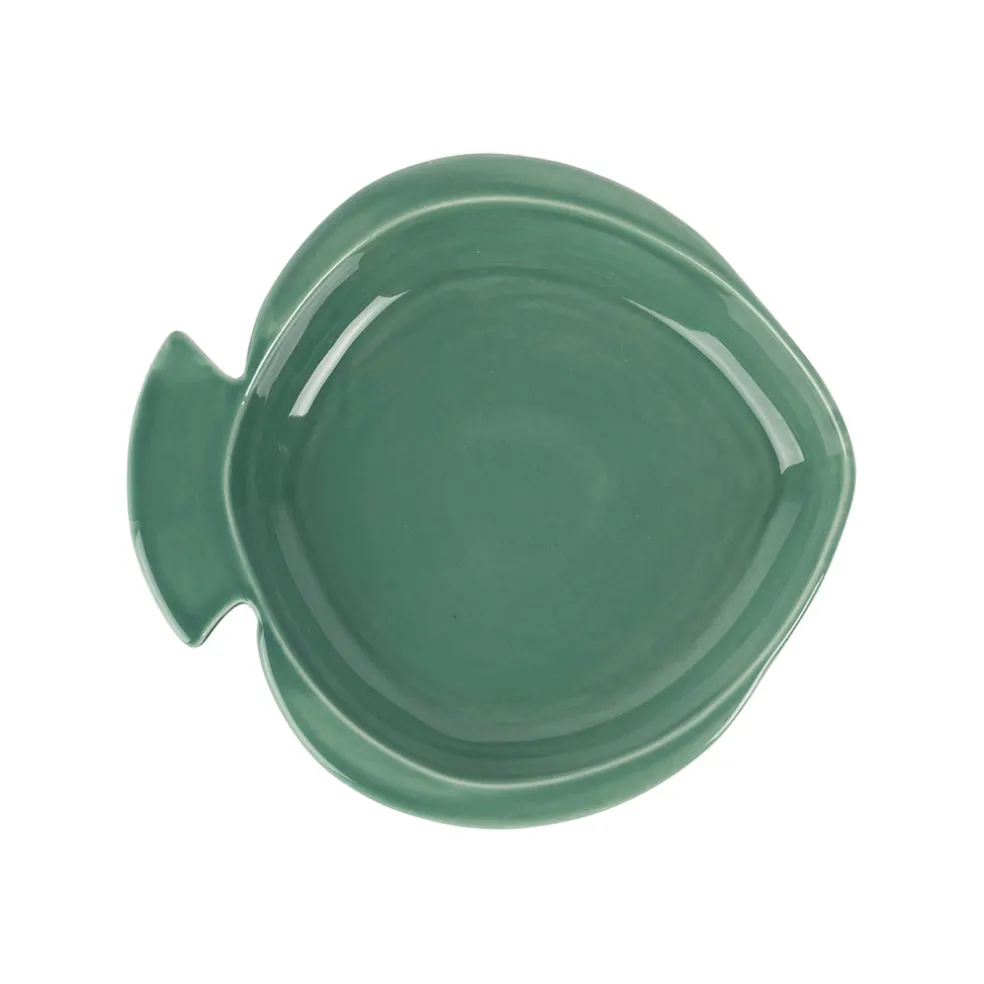Plat rond creux vert d'eau 23.5x22cm en faience - poisson
