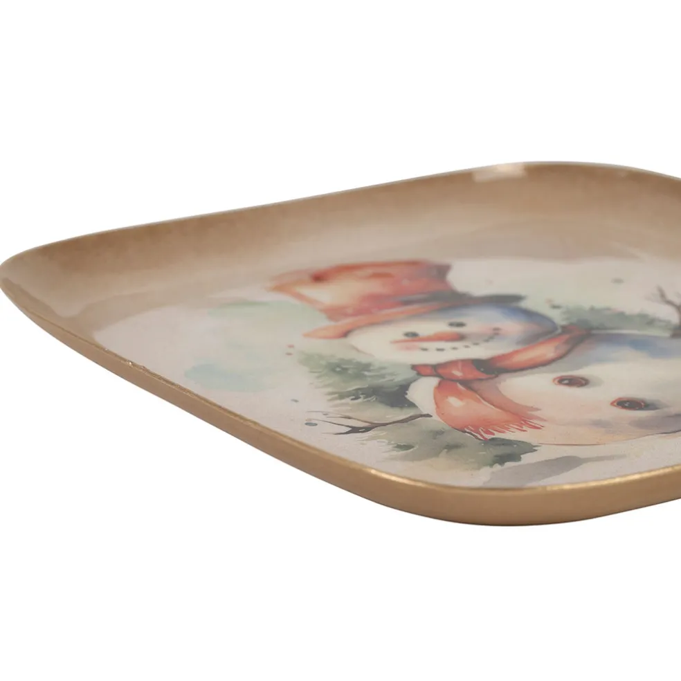 Plateau bonhomme de neige en fer multicolore 16x16cm - Noel