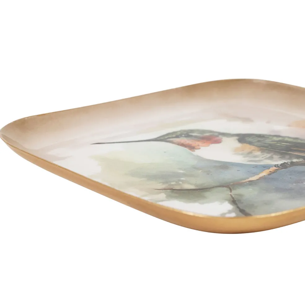 Plateau colibri en fer multicolore 16x16cm - Oiseau